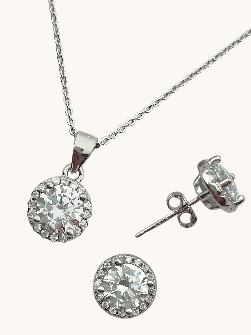 Closeup of Lia Pendant Necklace & Stud Earrings Set in Sterling Silver Fixed Length 925 Metal Stone One Size 3.2gms