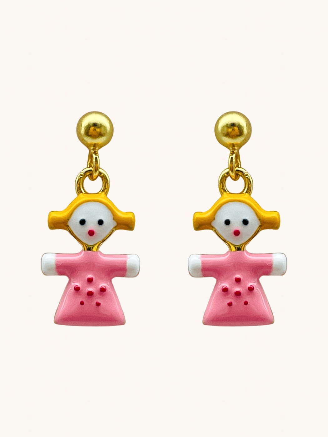 Front View of Little Princess Dolly Dangle Earrings in 18K Gold Plated Sterling Silver Jewelry for Pierced Ears 18k 925 Metal 10 cm 2.2gms