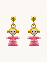 Front View of Little Princess Dolly Dangle Earrings in 18K Gold Plated Sterling Silver Jewelry for Pierced Ears 18k 925 Metal 10 cm 2.2gms