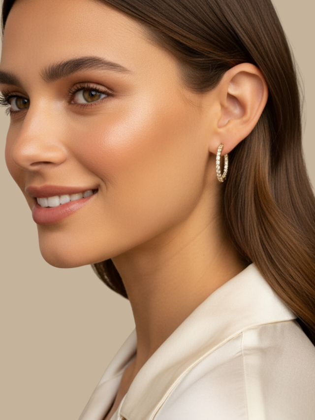Model Wearing Nora Hoop Earrings Jewelry for Pierced Ears 18k Gold Plated 925 Sterling Silver 2.5 cm 5.9gms