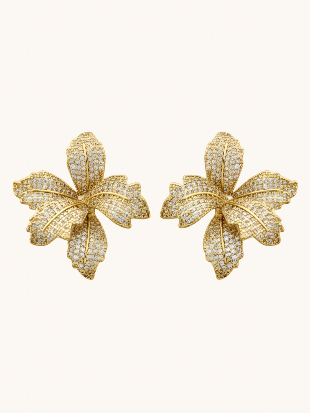 Front View of Orchid Bloom Stud Earrings 18k gold Plated Jewelry for Pierced Ears Gold 925 Sterling Silver One Size 9.5gms