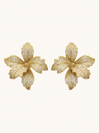 Front View of Orchid Bloom Stud Earrings 18k gold Plated Jewelry for Pierced Ears Gold 925 Sterling Silver One Size 9.5gms