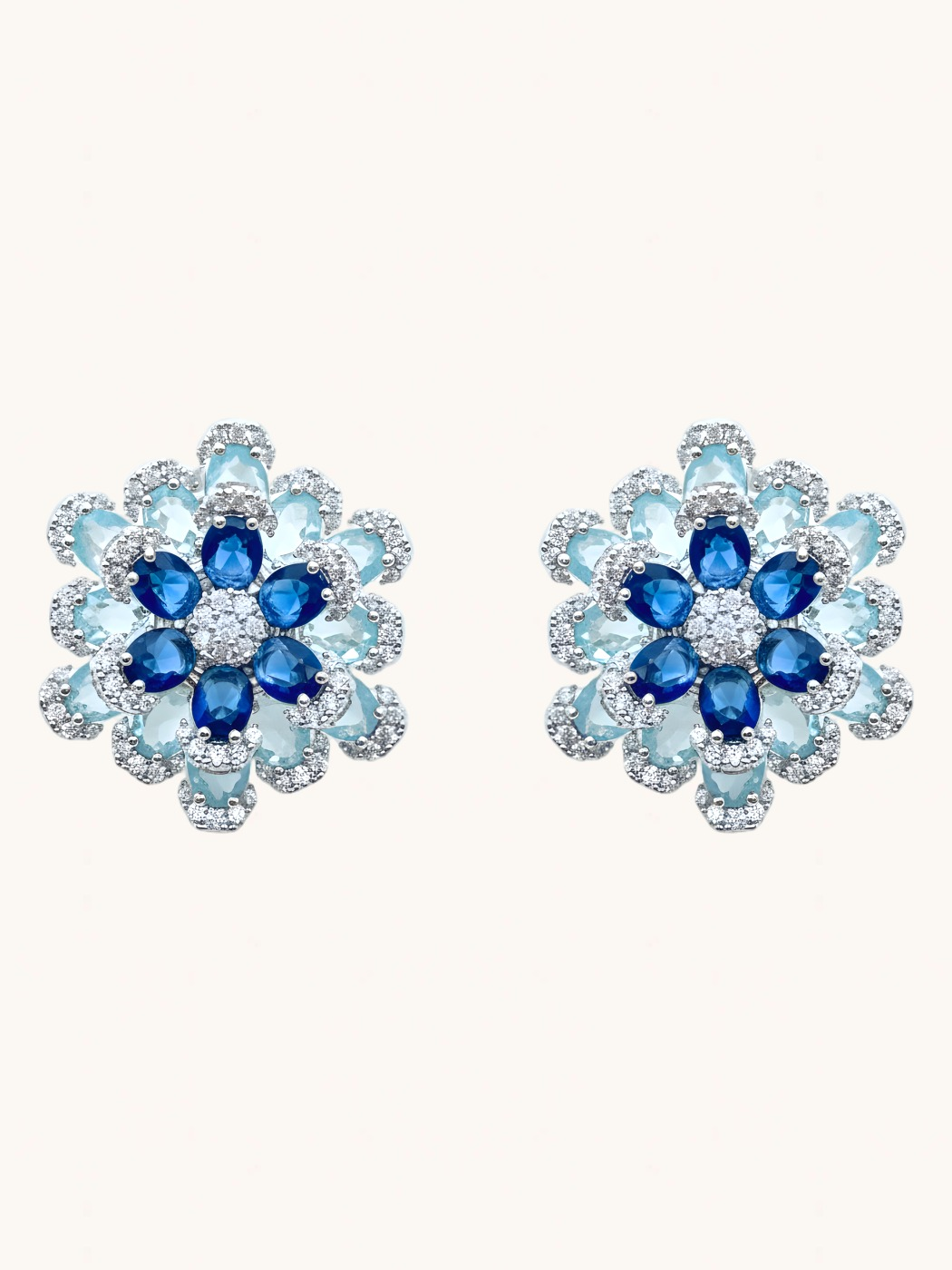 Front View of Peony Stud Earrings in Rhodium Plated Metal-Blue Jewelry for Pierced Ears 925 Sterling Silver 2.5 cm 11.8gms