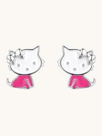 Front View of Cleo Kitty Enamel Stud Earrings Jewelry for Pierced Ears 925 Sterling Silver 9.82 mm 1.6gms