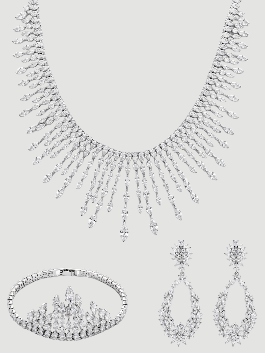 Front View of Kaia Necklace Set With Earrings And Bracelet in Rhodium Plated Metal Comfort Fit Copper One Size 67.7gms Mix