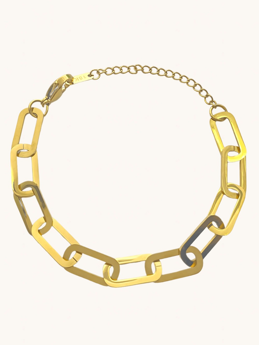 Front View of Clarisse Chunky Paperclip Bracelet in 18k Gold-Plated Metal Adjustable Length Gold Plated Steel | Hypoallergenic Tarnish Resistant Sweat Water Eco - Friendly 7 inches 8.3gms