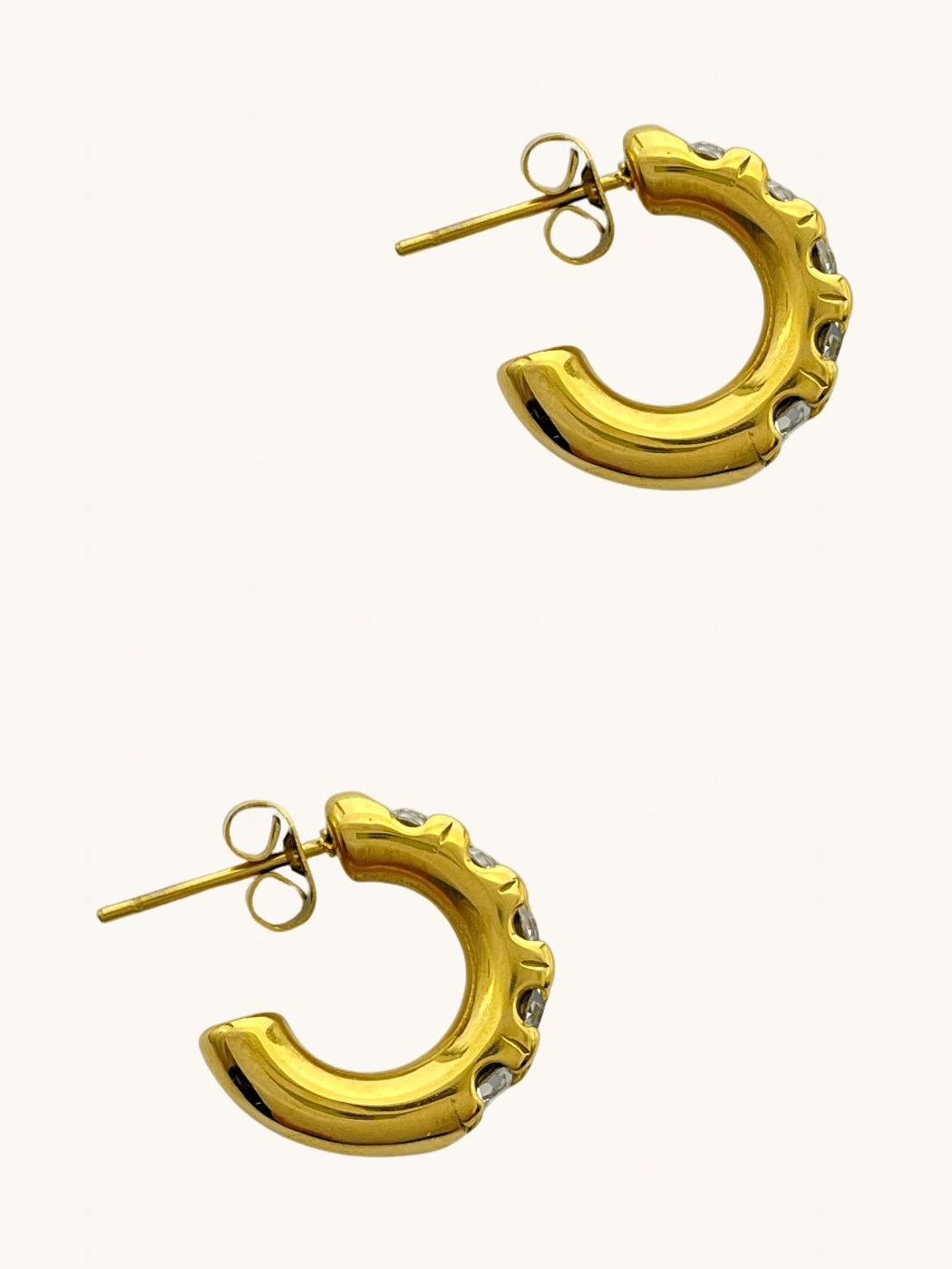 Rear View of Corinne Crystal Hoops in 18k Gold Plated Metal Jewelry for Pierced Ears Steel | Hypoallergenic Tarnish Resistant Sweat Water Stone One Size 6gms