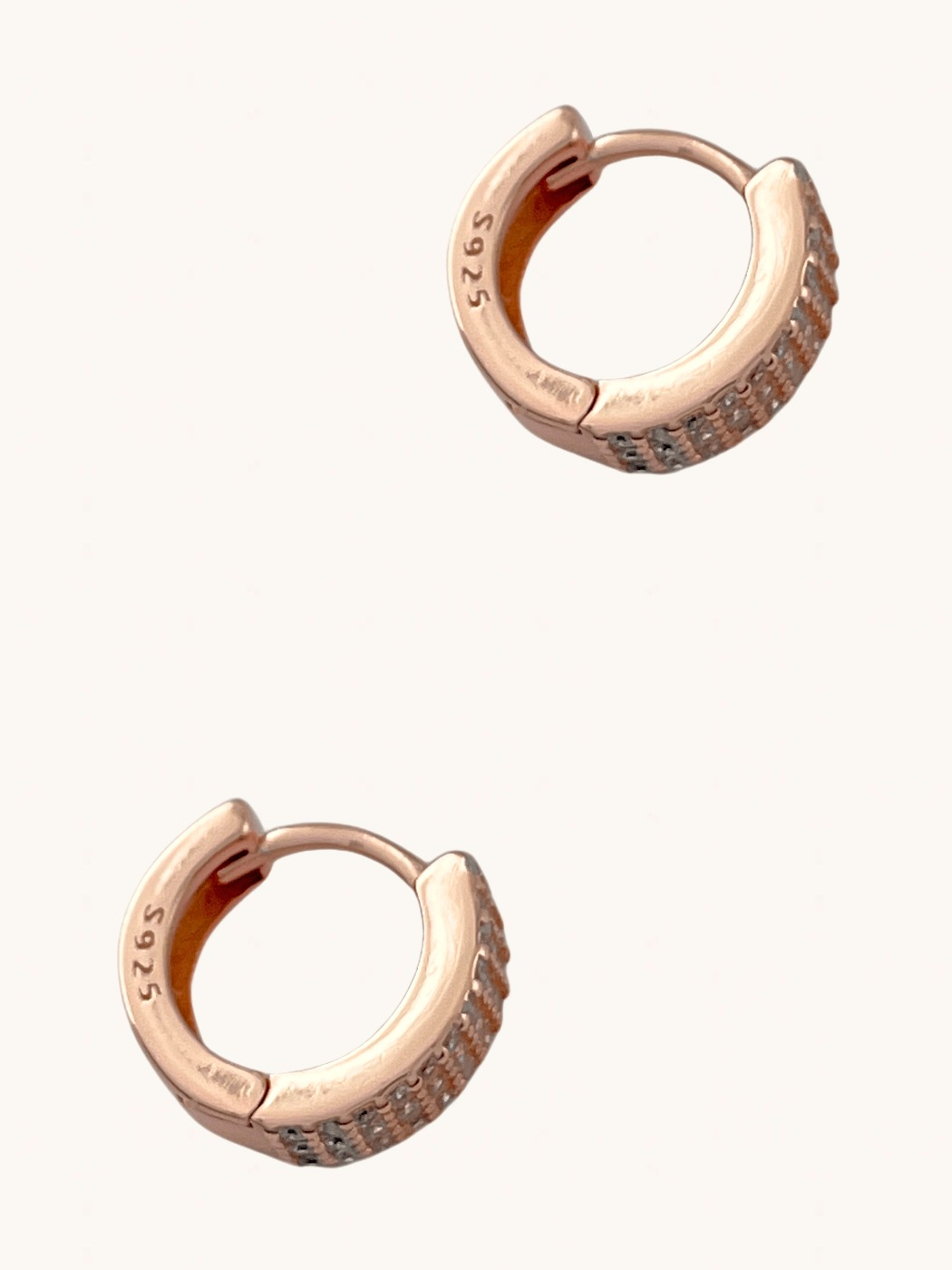Rear View of Lia Huggie Hoop Earrings in 18k Rose Gold plated Sterling Sliver Jewelry for Pierced Ears Plated 925 Silver Metal Stone One Size 2.8gms