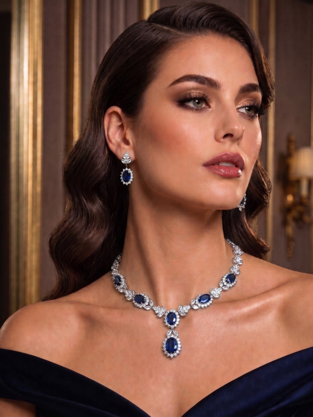 Alternate View of Model Wearing Alba Necklace Set Comfort Fit Rhodium Plated Copper One Size 58.2gms Mix Metal