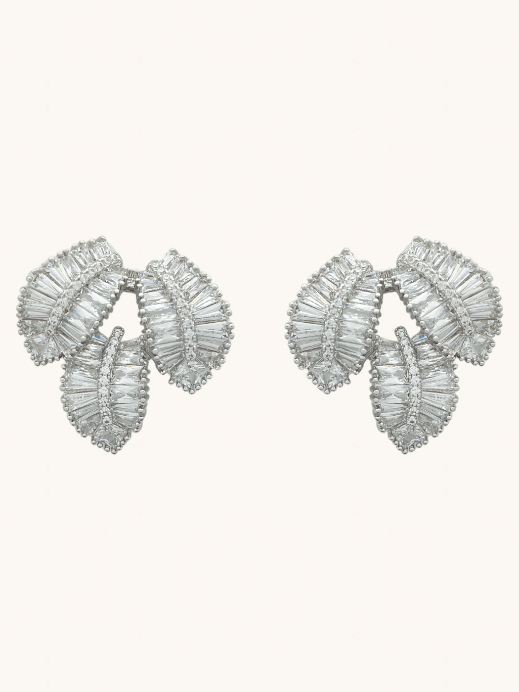 Front View of Camille Crystal Leaf Drop Earrings in Rhodium Plated Metal Jewelry for Pierced Ears Copper Post / Pin & Push 925 Sterling Silver Stamp Marked One Size 9.1gms