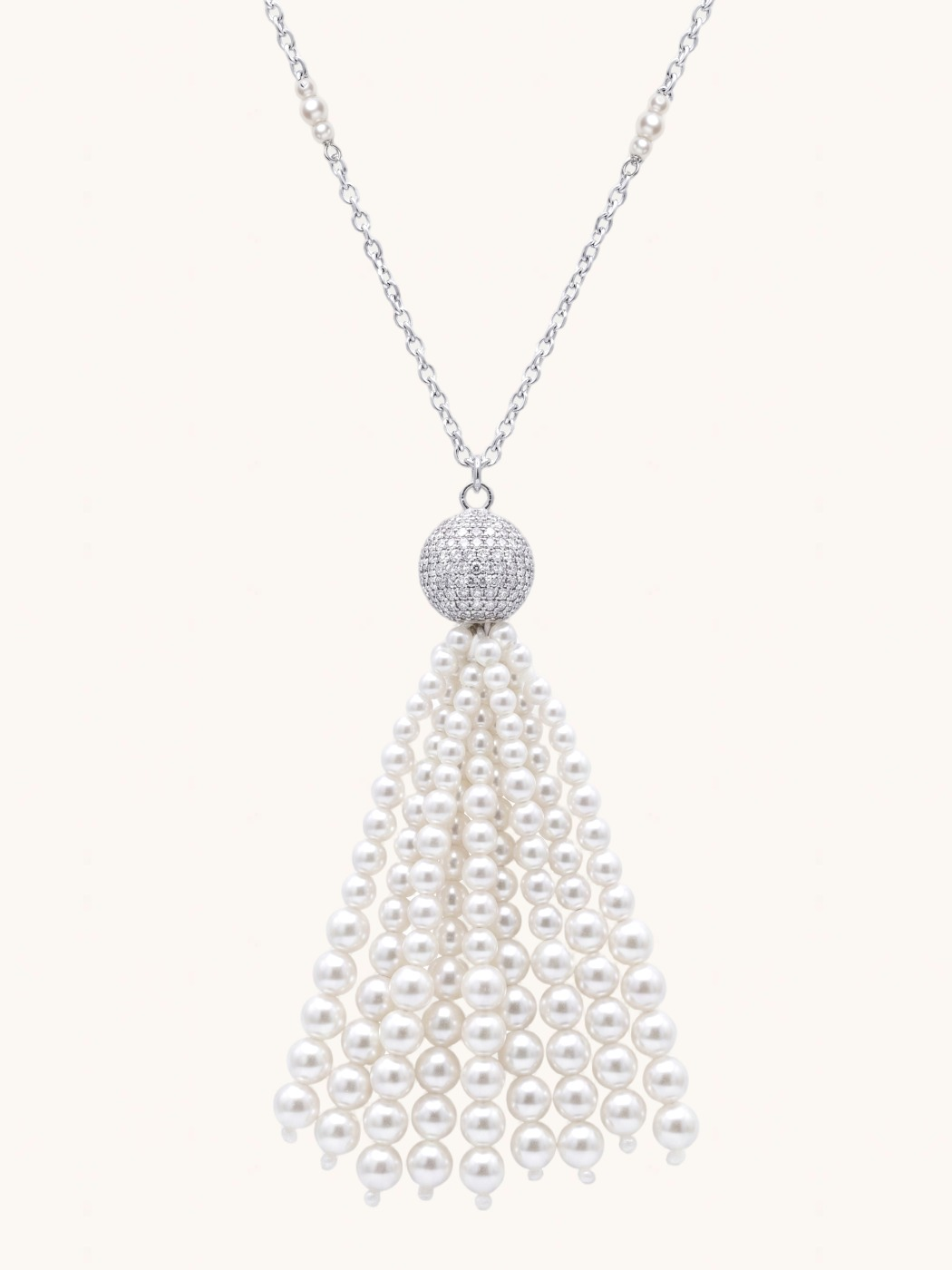 Front View of Selina Pearl Tassel Necklace Fixed Length 925 Sterling Silver Rhodium Plated Brass 36 inches 27.1gms