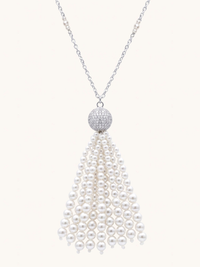 Front View of Selina Pearl Tassel Necklace Fixed Length 925 Sterling Silver Rhodium Plated Brass 36 inches 27.1gms