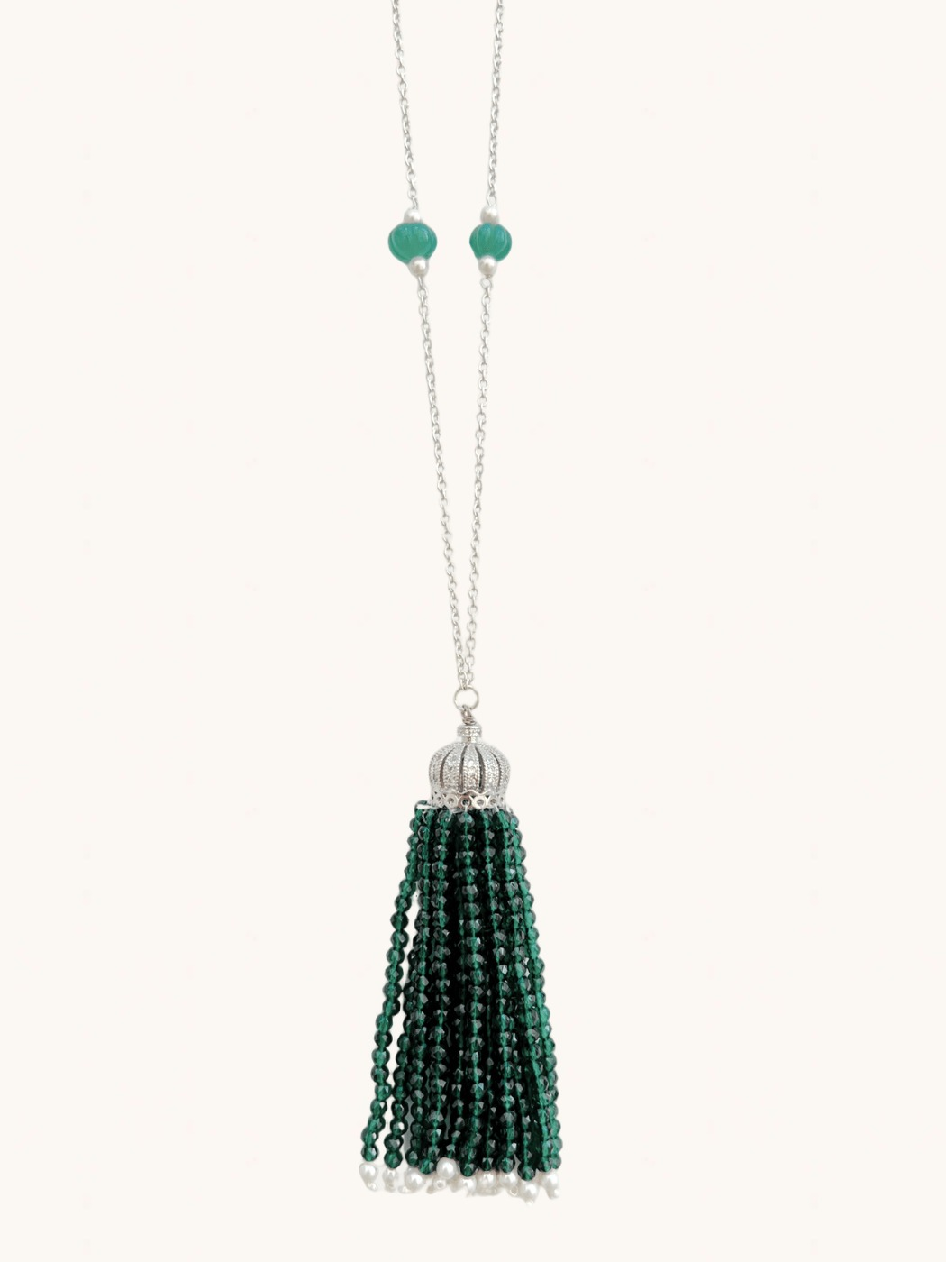 Front View of Soha Tassel Necklace in 925 Sterling Silver Adjustable Length Rhodium Plated Brass Metal Stone One Size 25.2gms