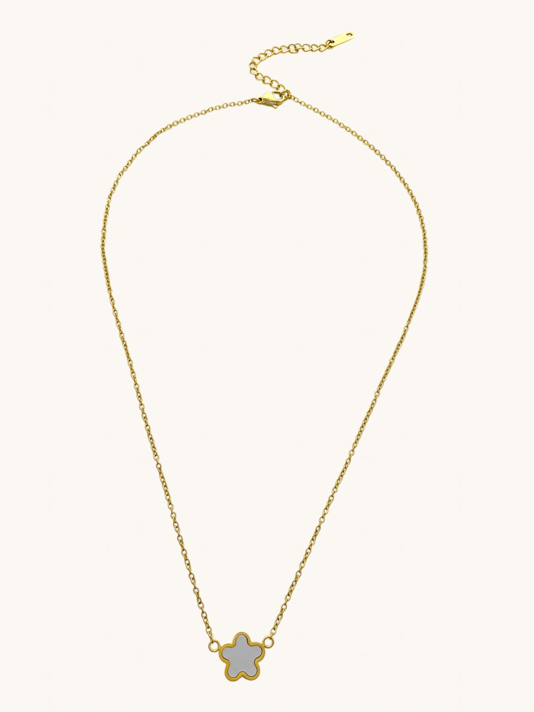 Rear View of Freya Flower Pendant & Stud Earrings Set in 18k Gold-Plated Metal Adjustable Length Gold Plated Steel | Hypoallergenic Tarnish Resistant Sweat Water One Size 12gms