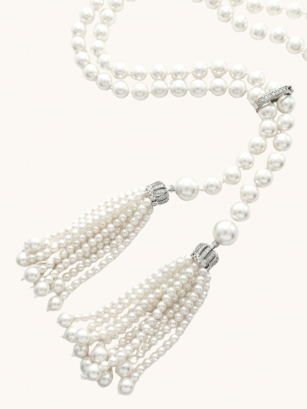 Closeup of Hessa Tassel Pearl Necklace with Brass clip Fixed Length Rhodium Plated 32 inches 72.2gms