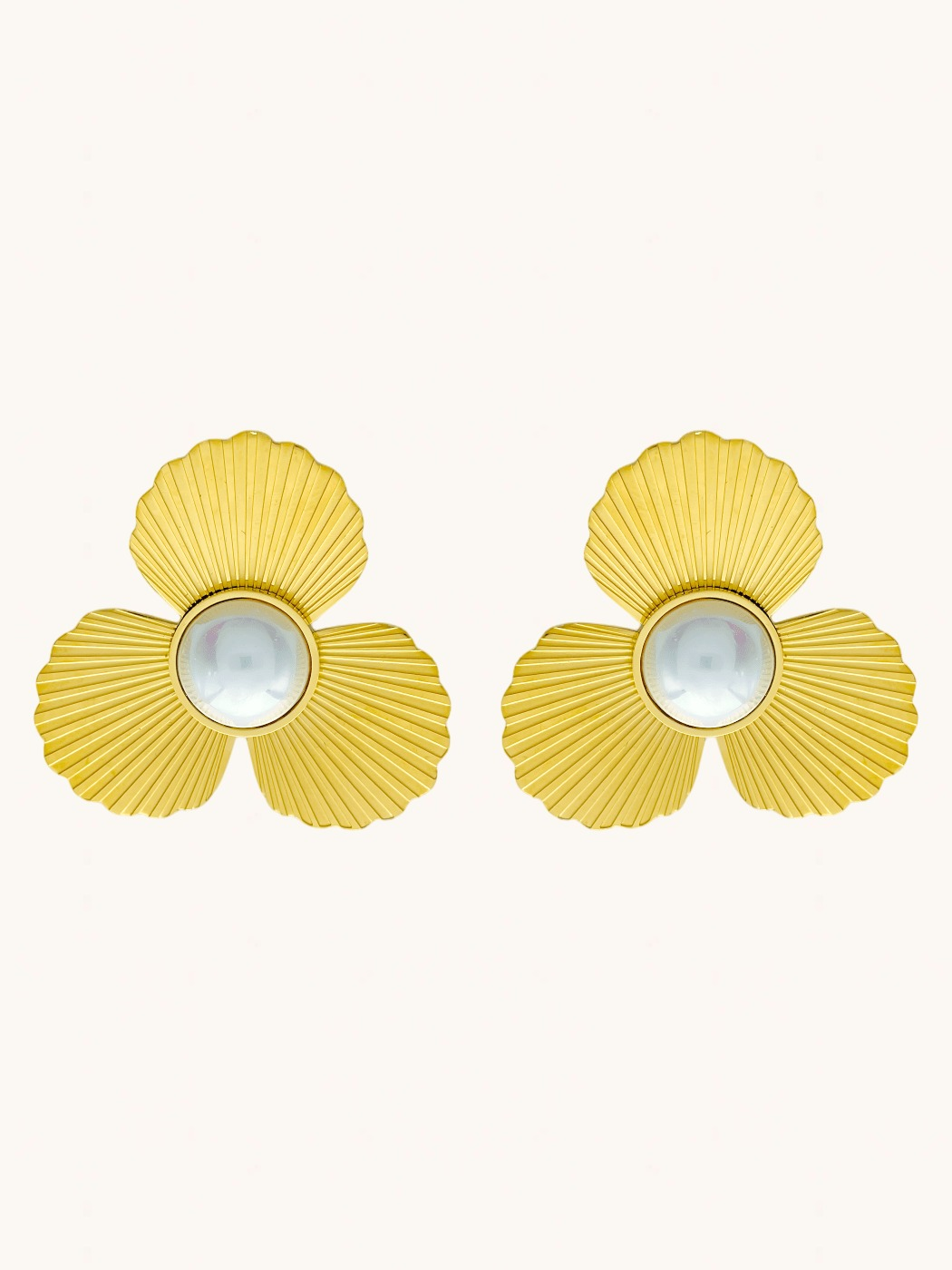 Front View of Louise Pearl Stud Earrings in 18K Gold Plated Metal Jewelry for Pierced Ears 18k Steel | Hypoallergenic Tarnish Resistant Sweat Water Stone Eco - Friendly One Size 14gms Stainless