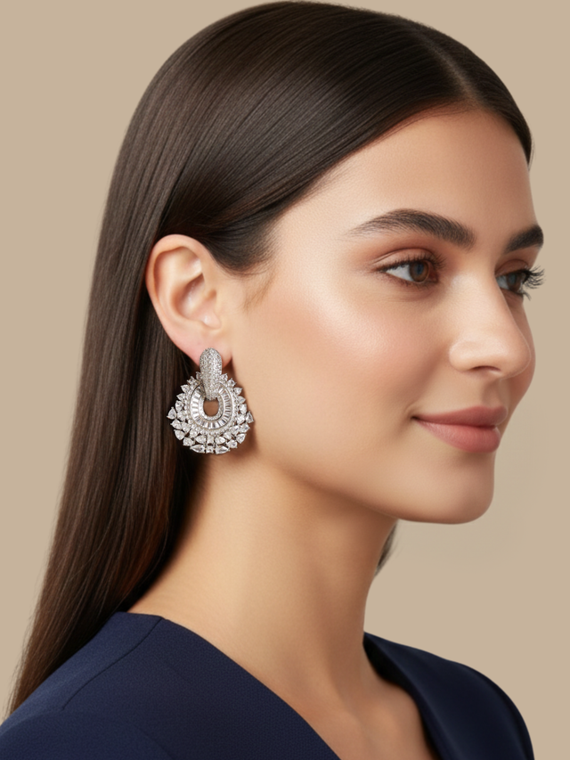 Alternate View of Model Wearing Veronica Convertible Stud & Dangle Earrings -Versatile earrings in Rhodium Plated Metal Jewelry for Pierced Ears Brass 4 cm 19.2gms Mix