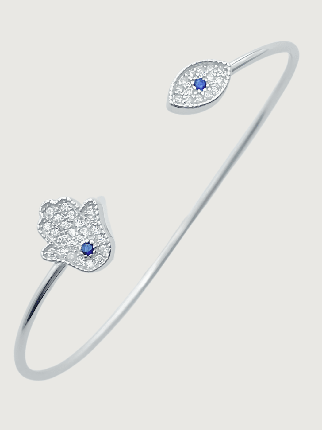 Closeup of Amani Hamsa and Evil Eye Bangle in 925 Sterling Silver Comfort Fit Metal 16 cm 2.6gms