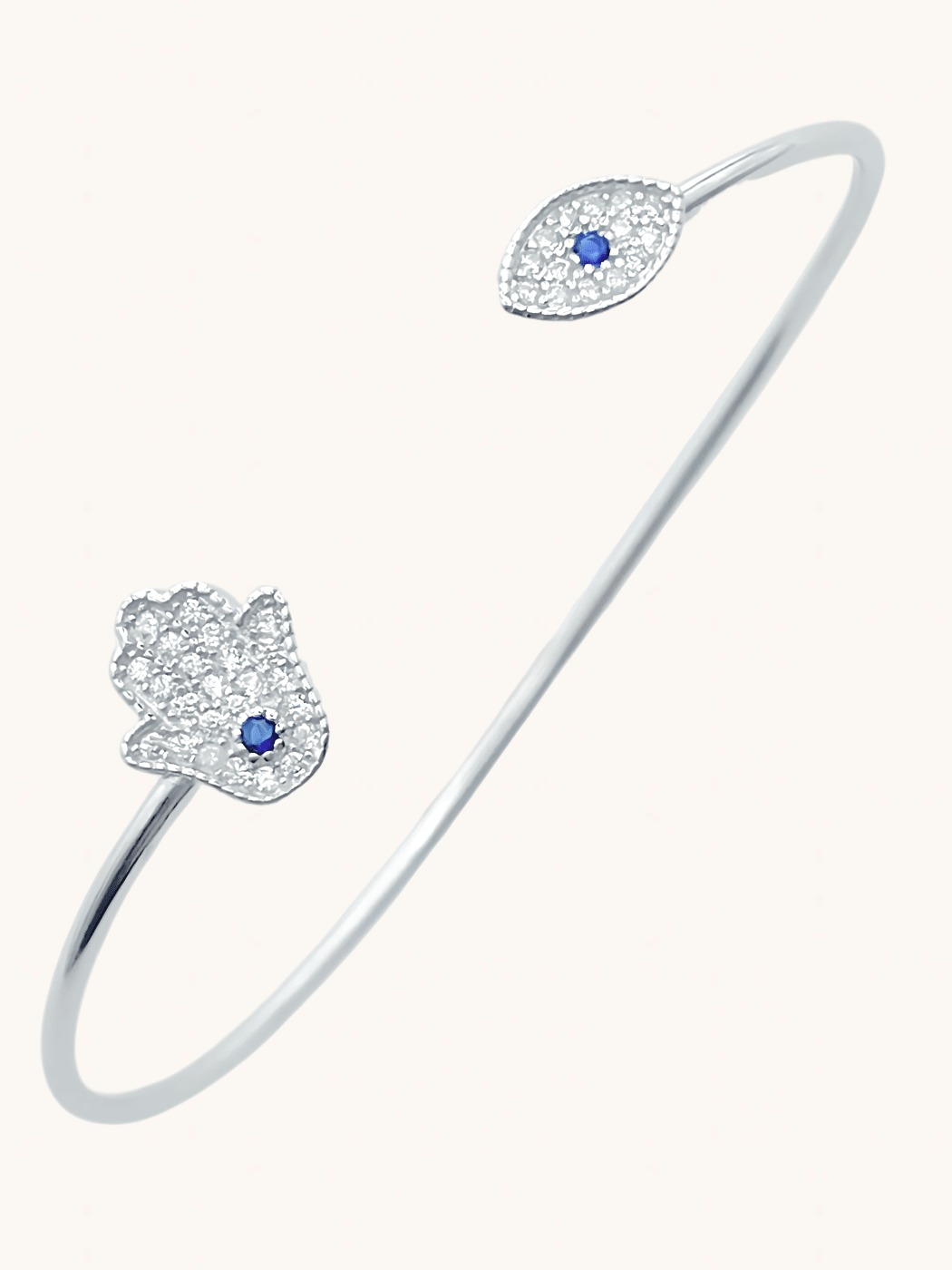 Closeup of Amani Hamsa and Evil Eye Bangle in 925 Sterling Silver Comfort Fit Metal 16 cm 2.6gms