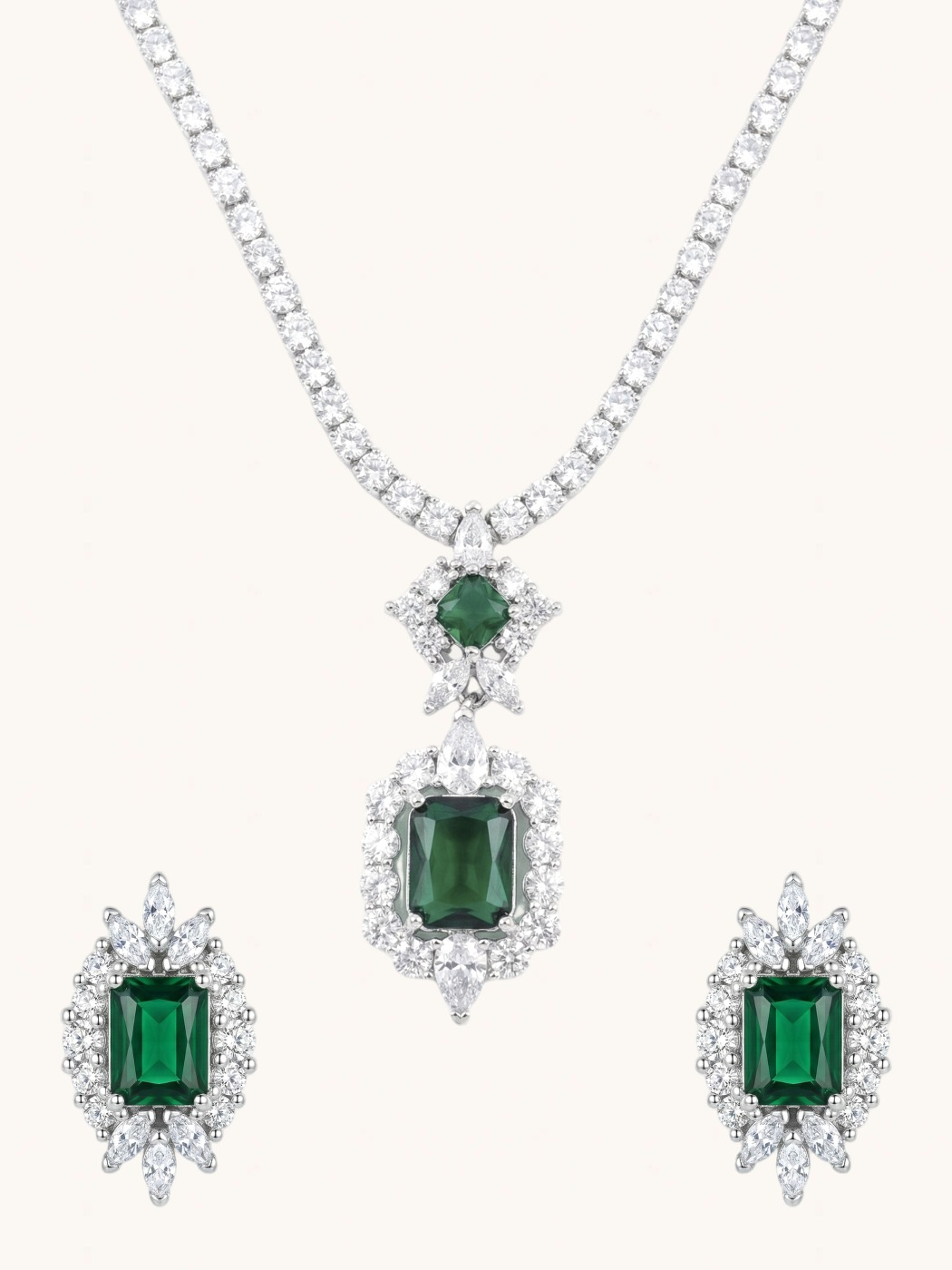 Front View of Amaris Tennis Necklace and Earrings in Rhodium Plated Metal-Green Comfort Fit Copper 16 inches 22.5gms Mix Metal