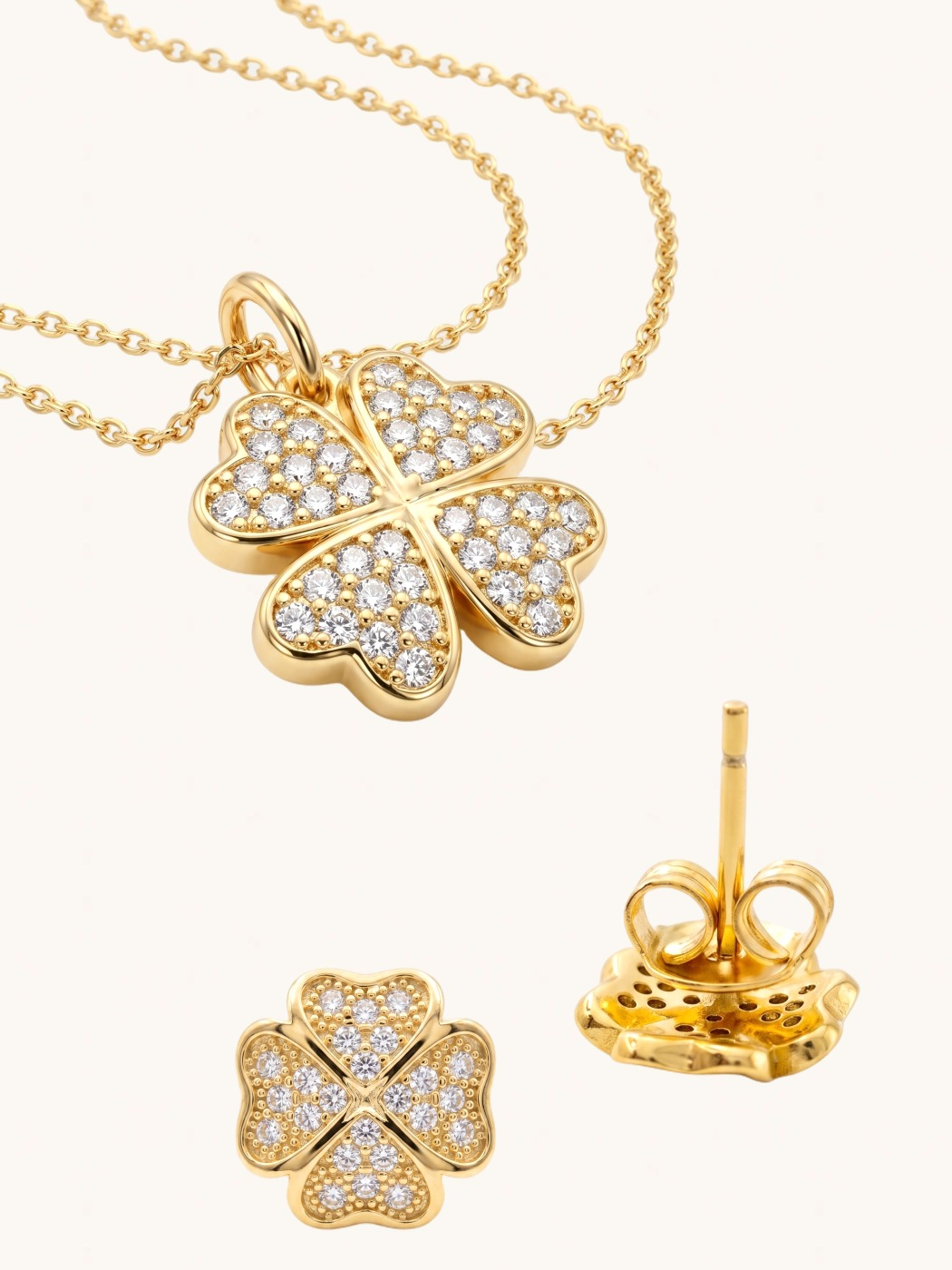 Closeup of Cara Clover Pendant Necklace Set Fixed Length 18k Gold Plated 925 Sterling Silver 16 inches 4.3gms