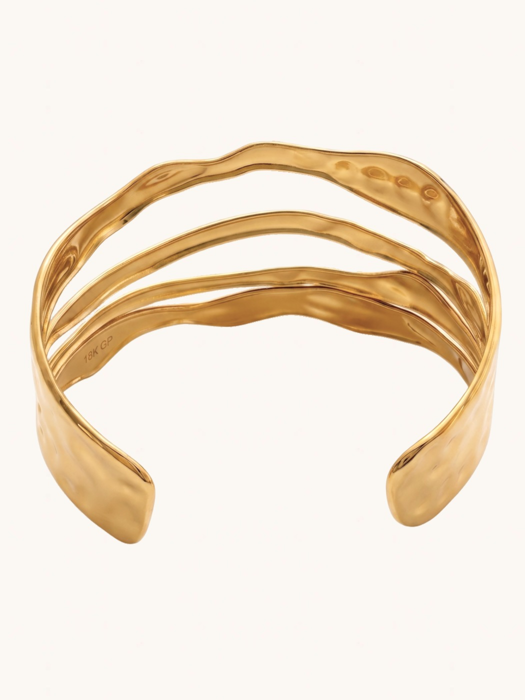 Rear View of Naya Ripple Cuff Bracelet Comfort Fit 18k Gold Plated Steel | Hypoallergenic Tarnish Resistant Sweat Water 6 inches 24.4gms Stainless