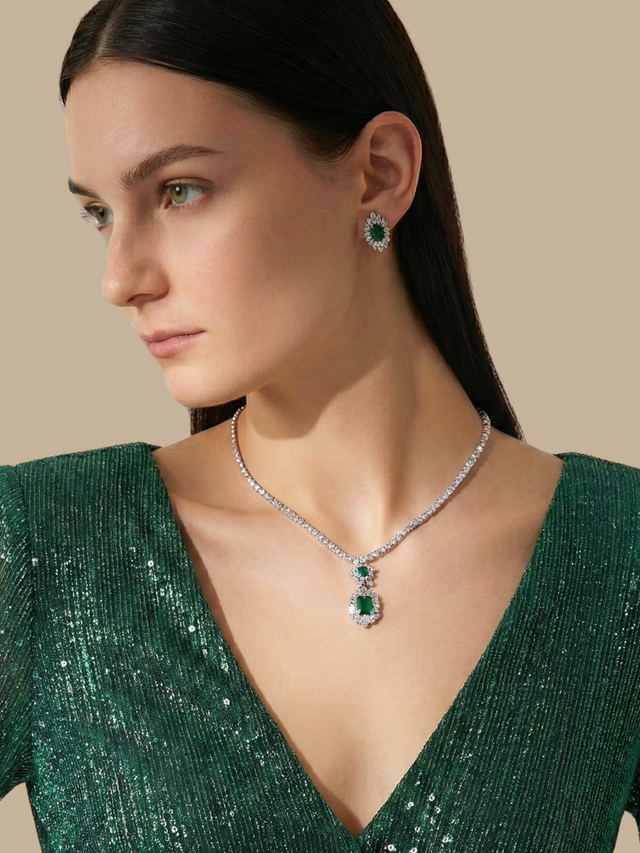 Model Wearing Amaris Tennis Necklace and Earrings in Rhodium Plated Metal-Green Comfort Fit Copper 16 inches 22.5gms Mix Metal