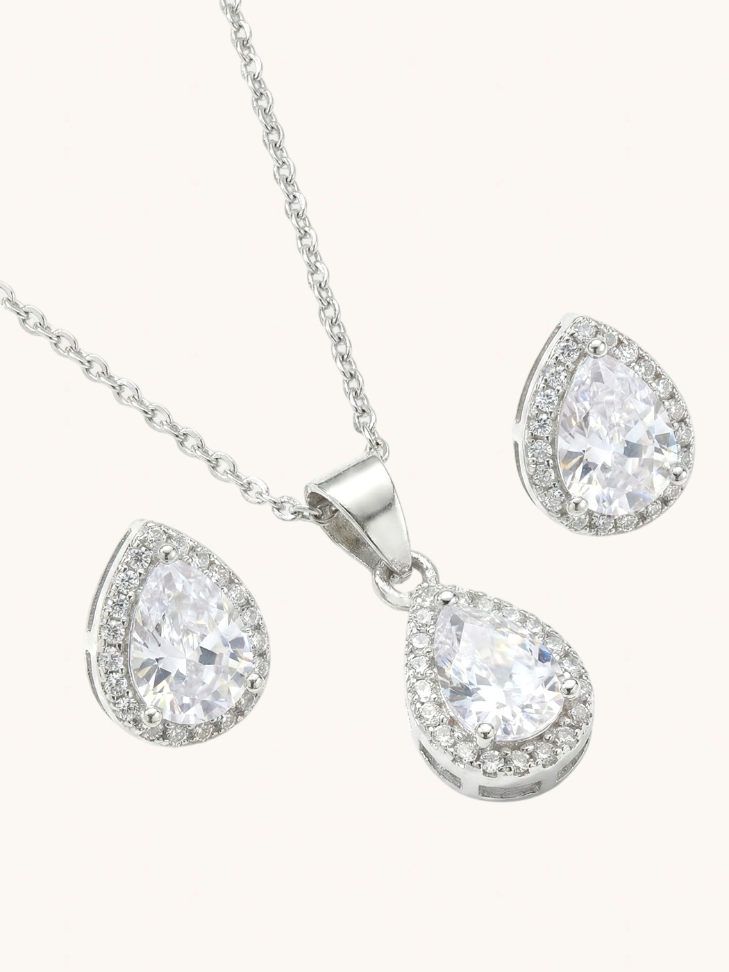 Closeup of Zia Drop Pendant Necklace & Stud Earring Set in Sterling Silver Fixed Length 925 Metal 16 inches 3gms