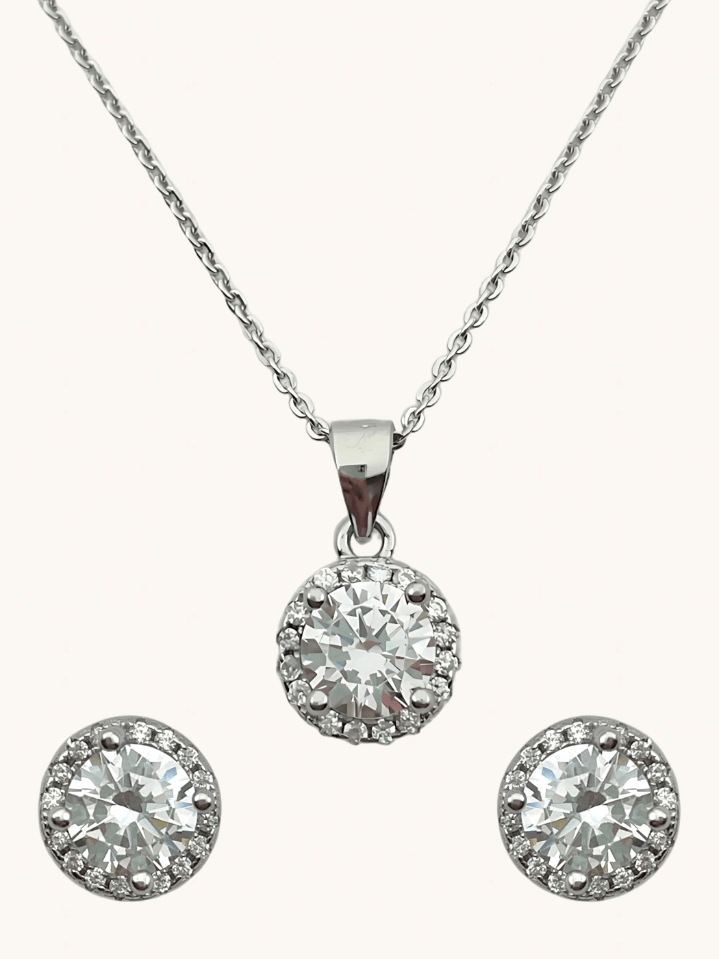 Front View of Lia Pendant Necklace & Stud Earrings Set in Sterling Silver Fixed Length 925 Metal Stone One Size 3.2gms