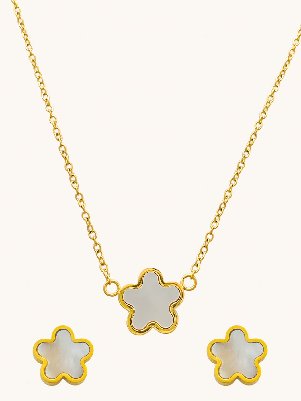 Front View of Freya Flower Pendant & Stud Earrings Set in 18k Gold-Plated Metal Adjustable Length Gold Plated Steel | Hypoallergenic Tarnish Resistant Sweat Water One Size 12gms