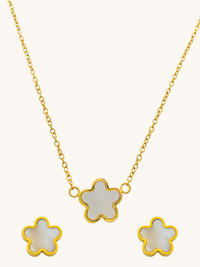 Front View of Freya Flower Pendant & Stud Earrings Set in 18k Gold-Plated Metal Adjustable Length Gold Plated Steel | Hypoallergenic Tarnish Resistant Sweat Water One Size 12gms