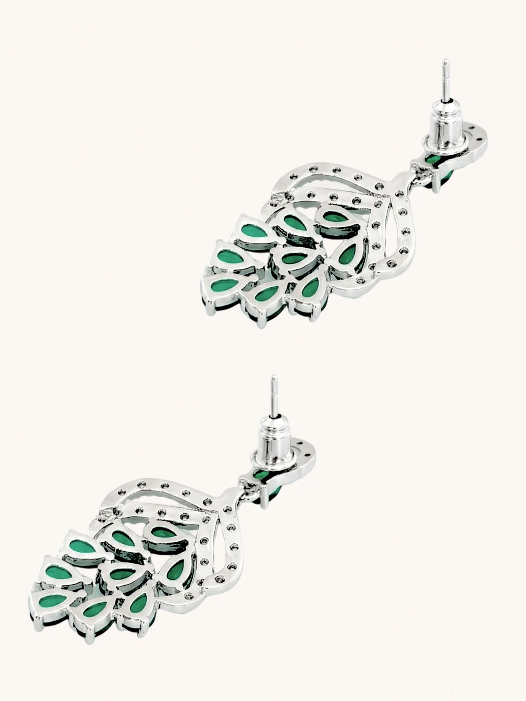 Rear View of Lyra Vine Cluster Drop Earrings in Rhodium Plated Metal-Green Jewelry for Pierced Ears Post / Pin & Push 925 Sterling Silver Stamp Marked Brass 3.5 cm 6.5gms