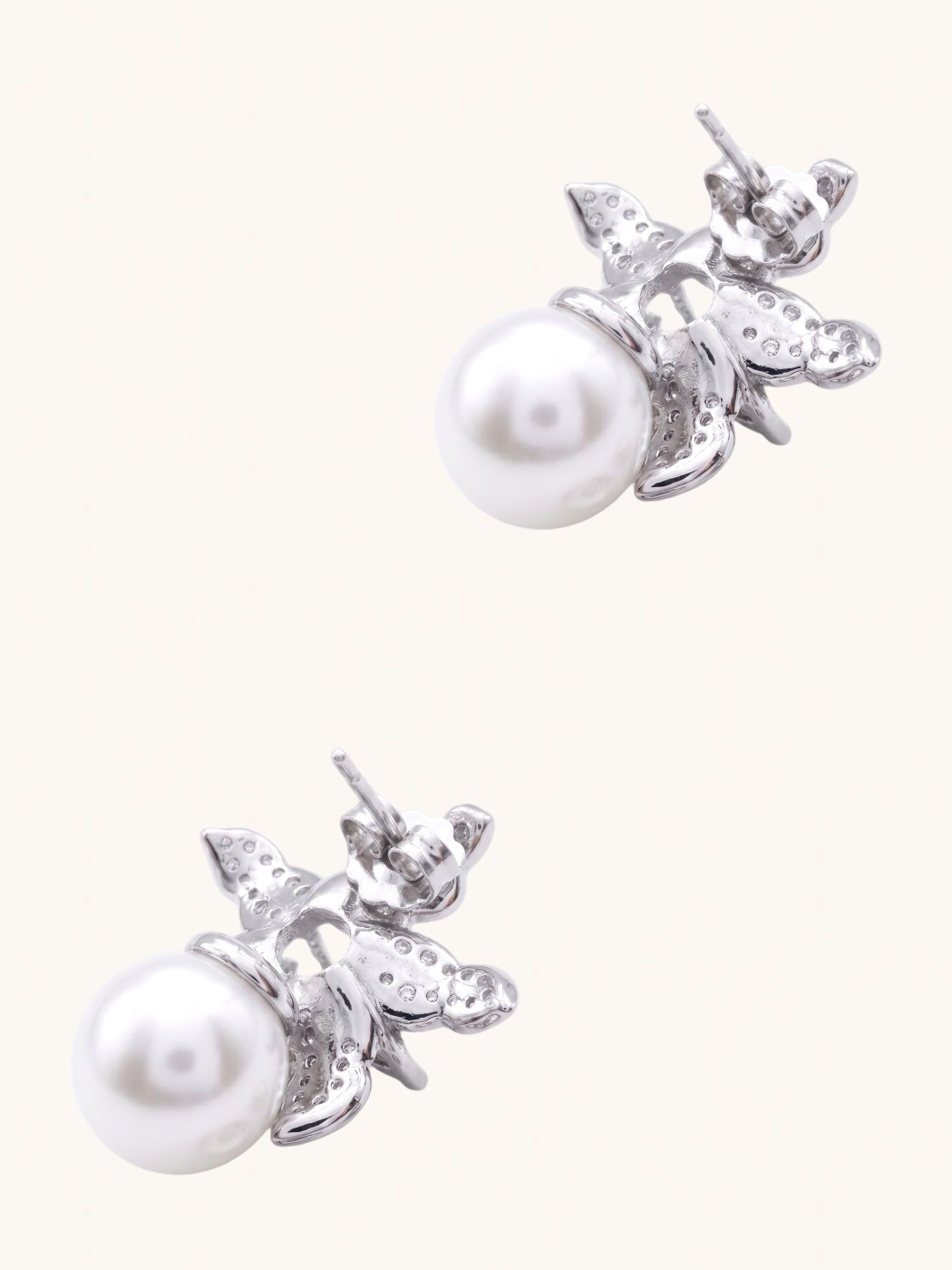 Rear View of Cattleya Pearl Stud Earrings Jewelry for Pierced Ears Post / Pin & Push in 925 Sterling Silver Stamp Marked Rhodium Plated Copper 25.54 mm 8.5gms