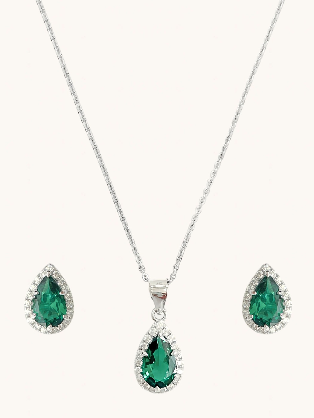 Front View of Zia Drop Pendant Necklace & Stud Earrings in 925 Sterling Silver - Green Adjustable Length Metal 16 inches 4.7gms