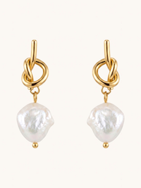 Front View of Twisted-knot Pearl Dangle Earrings Jewelry for Pierced Ears 18k Gold Plated Steel | Hypoallergenic Tarnish Resistant Sweat Water Eco - Friendly One Size 5.4gms Stainless