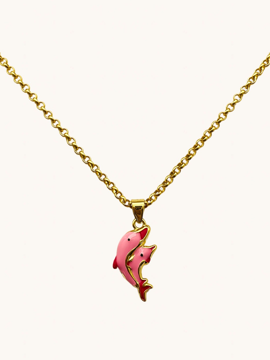 Front View of Little Princess Dolphin Pendant Necklace in 18k Gold Plated sterling Silver Adjustable Length 925 Sterling Metal 14 inches 4.6gms