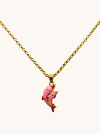 Front View of Little Princess Dolphin Pendant Necklace in 18k Gold Plated sterling Silver Adjustable Length 925 Sterling Metal 14 inches 4.6gms