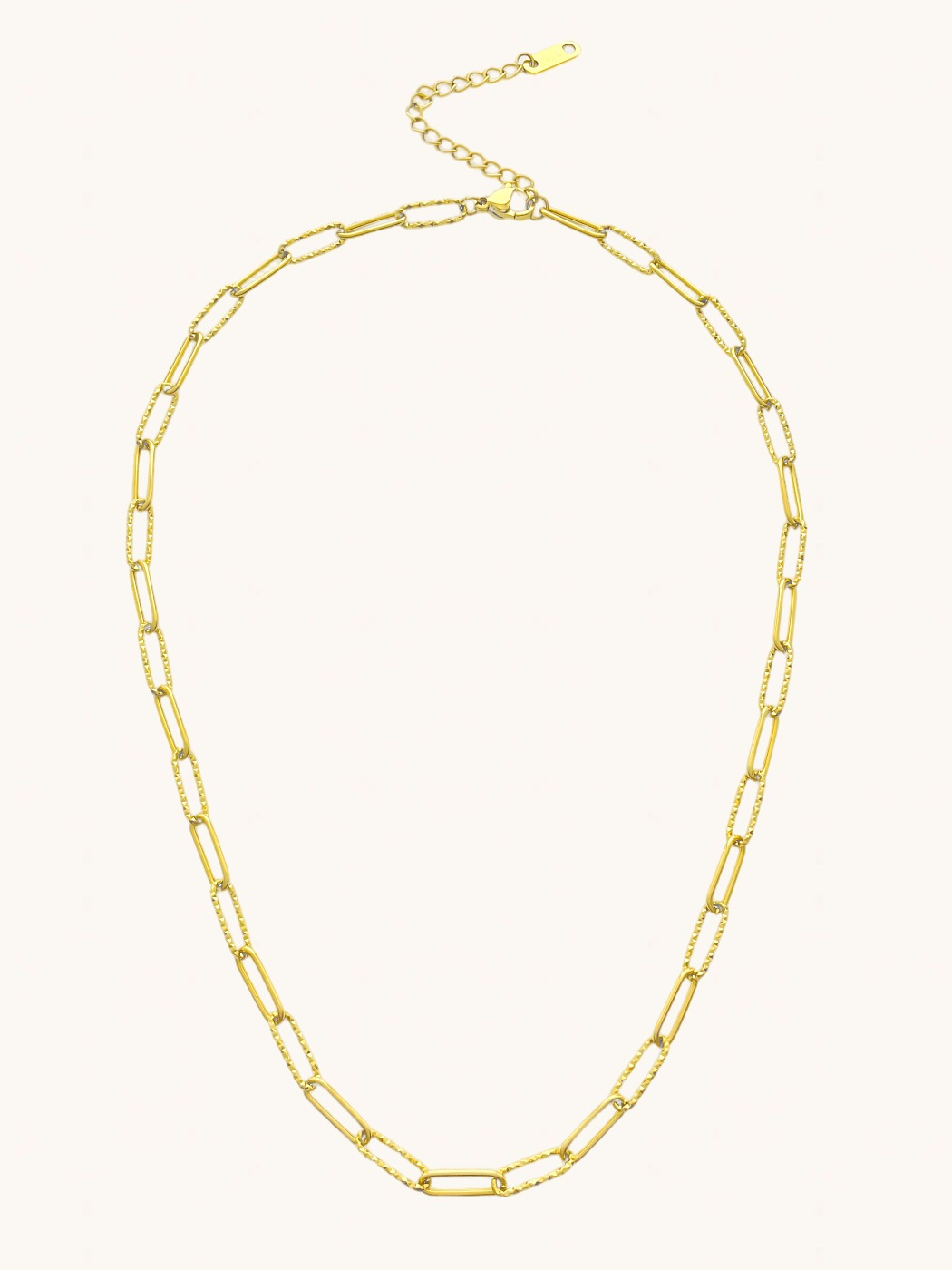 Front View of Celine Paperclip Necklace in 18K Gold Plated Metal Adjustable Length 18k Steel | Hypoallergenic Tarnish Resistant Sweat Water Eco - Friendly One Size 6.1gms