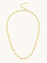 Front View of Celine Paperclip Necklace in 18K Gold Plated Metal Adjustable Length 18k Steel | Hypoallergenic Tarnish Resistant Sweat Water Eco - Friendly One Size 6.1gms