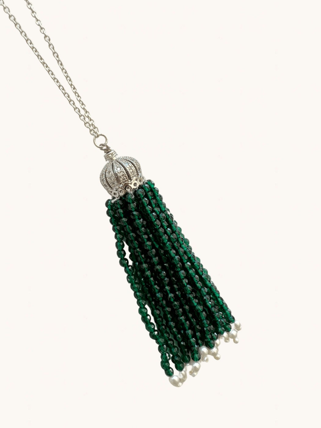 Closeup of Soha Tassel Necklace in 925 Sterling Silver Adjustable Length Rhodium Plated Brass Metal Stone One Size 25.2gms