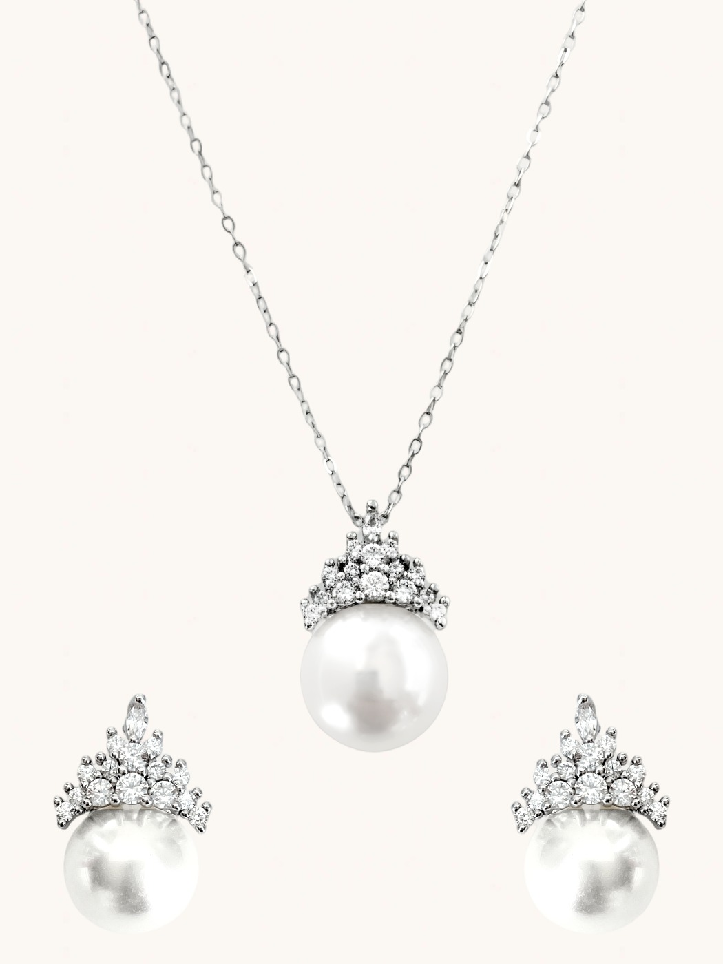 Front View of Eleanor Pearl Drop Pendant Necklace and Earring Set in 925 Sterling Silver Comfort Fit 16 inches 8.5gms