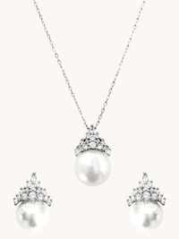 Front View of Eleanor Pearl Drop Pendant Necklace and Earring Set in 925 Sterling Silver Comfort Fit 16 inches 8.5gms