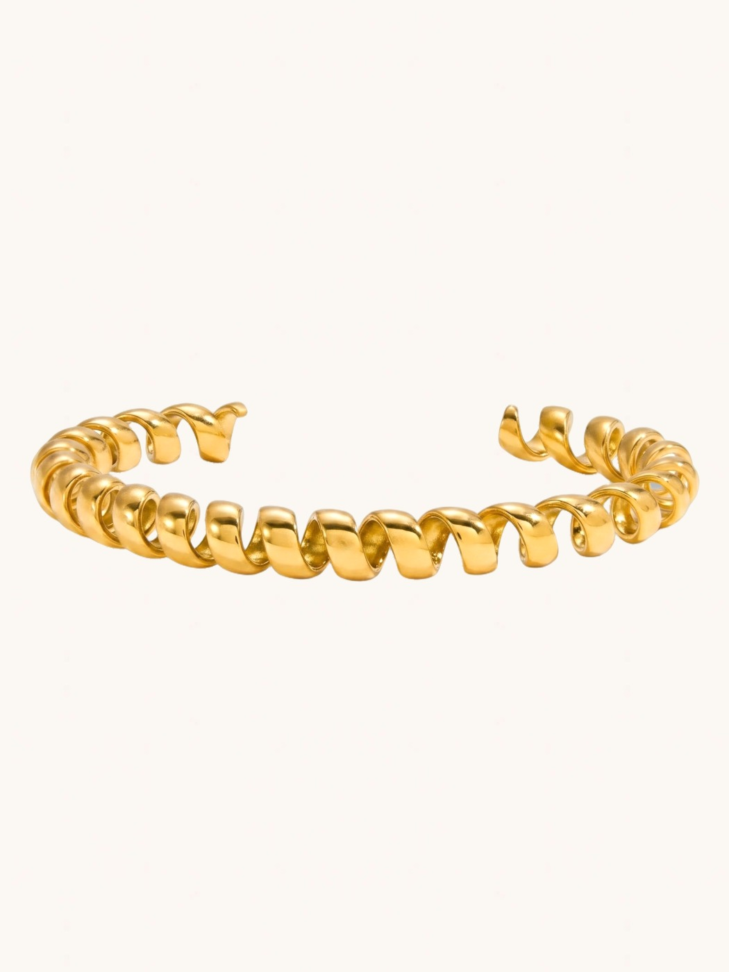 Front View of Twila Spiral Bangle in Gold-Tone Metal Comfort Fit 18k Gold Plated Steel | Hypoallergenic Tarnish Resistant Sweat Water 8 inches 20.1gms Stainless