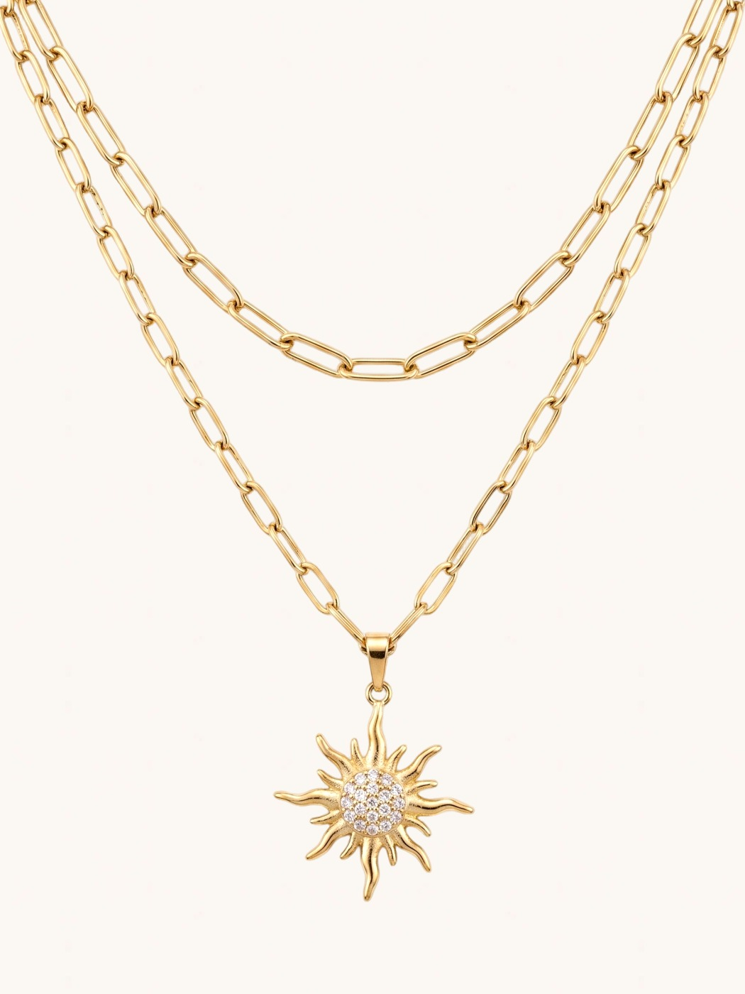 Front View of Soleil Sunburst Layered Necklace Comfort Fit 18k Gold Plated Steel | Hypoallergenic Tarnish Resistant Sweat Water 2 cm 9.1gms Stainless