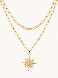 Front View of Soleil Sunburst Layered Necklace Comfort Fit 18k Gold Plated Steel | Hypoallergenic Tarnish Resistant Sweat Water 2 cm 9.1gms Stainless