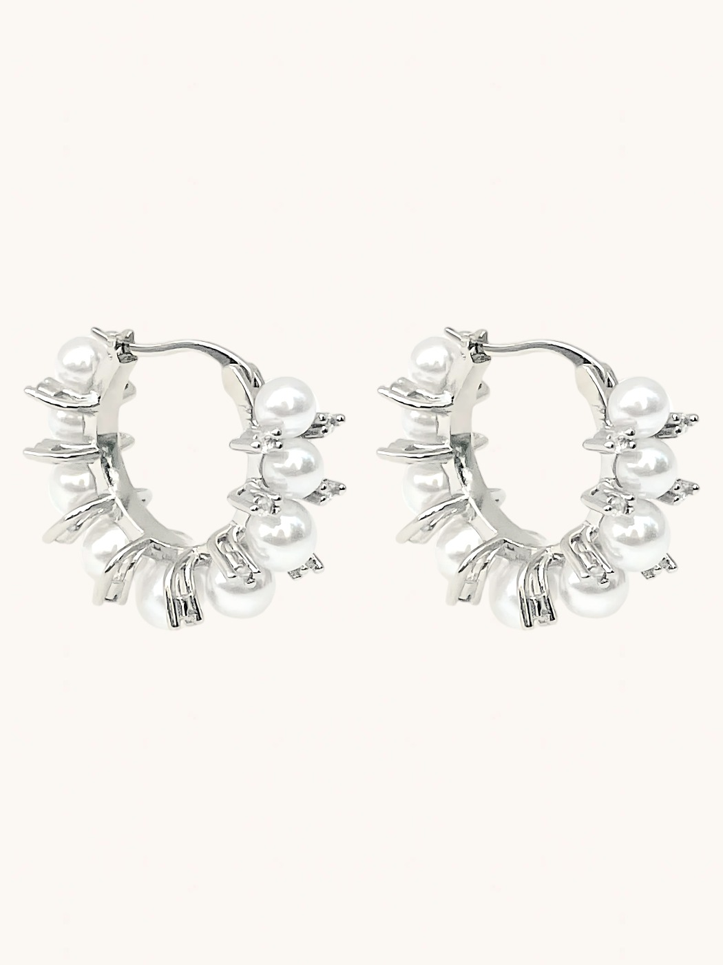 Front View of Lea Pearl Hoop earrings in Rhodium Plating Jewelry for Pierced Ears Plated Brass Metal Stone 3 cm 9.7gms