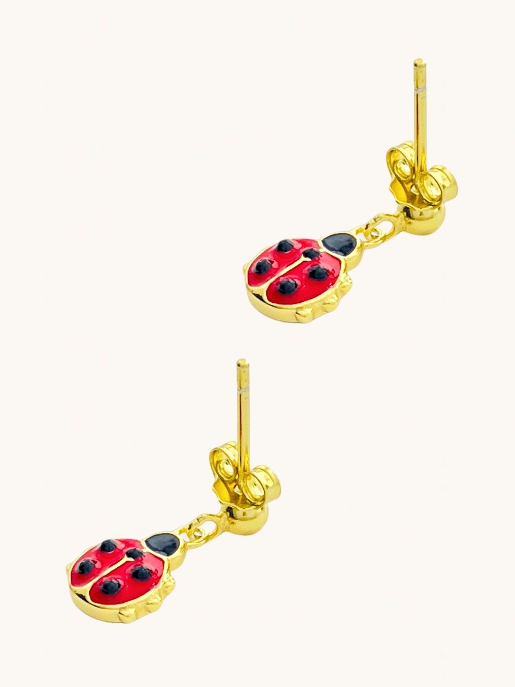 Rear View of Little Princess Lady Bug Earrings in 18k Gold plated Sterling Silver Jewelry for Pierced Ears Plated 925 Metal One Size 1.7gms
