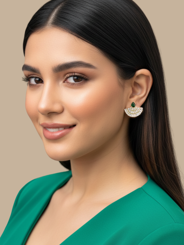 Model Wearing Freya Fan Stud Earrings in Rhodium Plated Metal-Green Jewelry for Pierced Ears Brass Post / Pin & Push 925 Sterling Silver Stamp Marked One Size 7.9gms