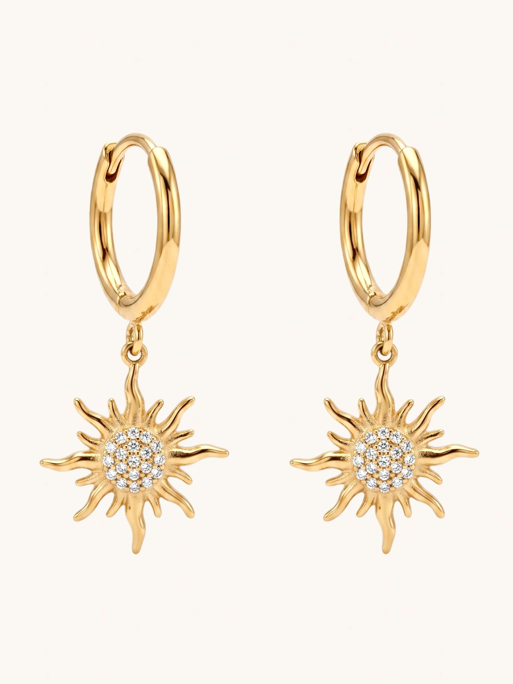 Front View of Soleil Sunburst Hoop Earrings Jewelry for Pierced Ears 18k Gold Plated Steel | Hypoallergenic Tarnish Resistant Sweat Water 2 cm 5.7gms Stainless