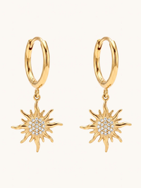 Front View of Soleil Sunburst Hoop Earrings Jewelry for Pierced Ears 18k Gold Plated Steel | Hypoallergenic Tarnish Resistant Sweat Water 2 cm 5.7gms Stainless